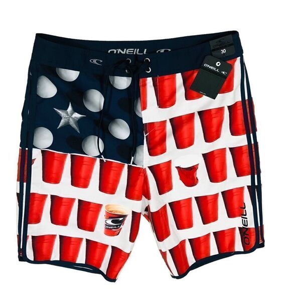 NWT O’NEILL Board Shorts Beer Pong Cup American Flag Surface Men’s Sz 30 - Picture 1 of 13